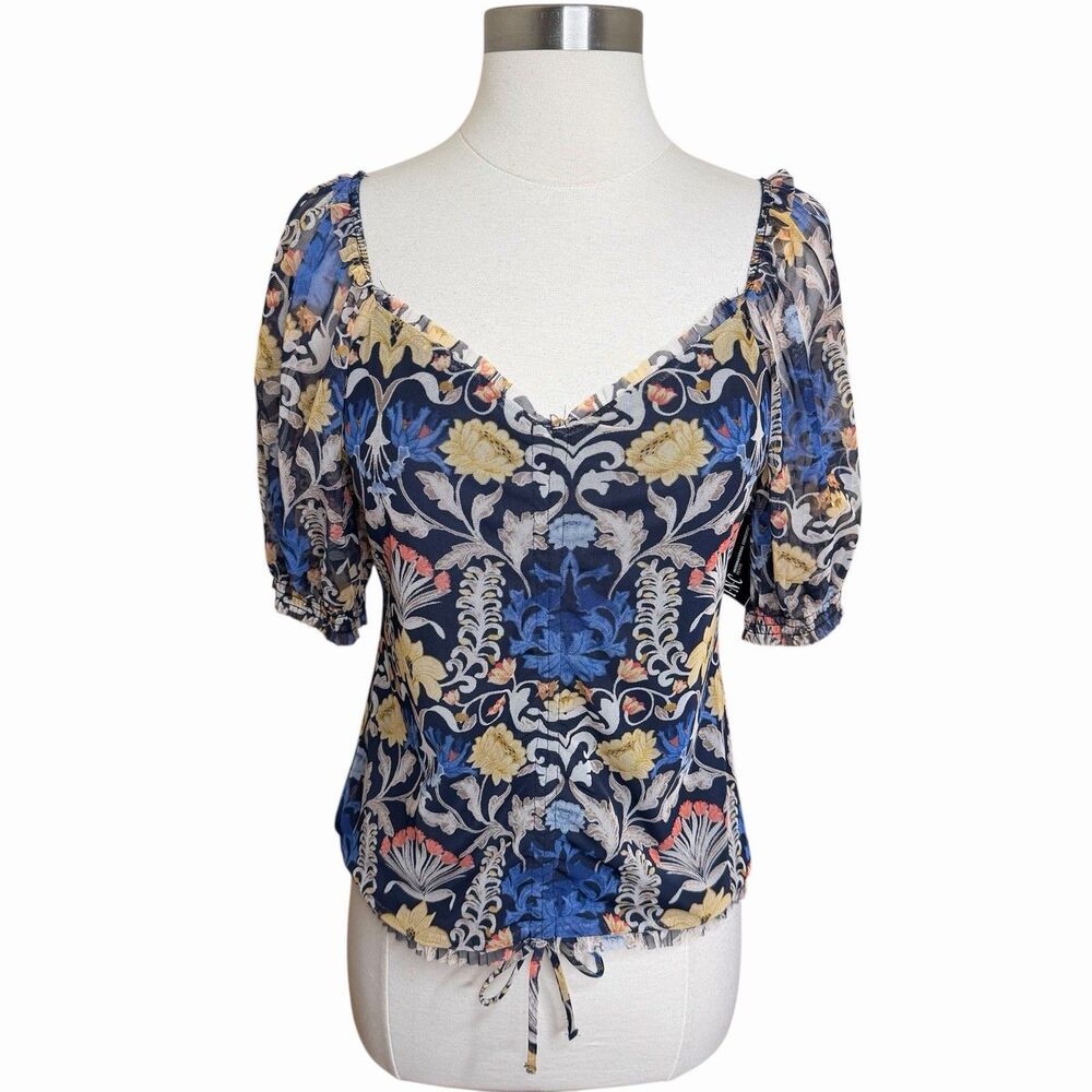 INC Mesh Milkmaid Top Fleur Nouveau Floral Womens PM Whimsigoth Ruched NEW